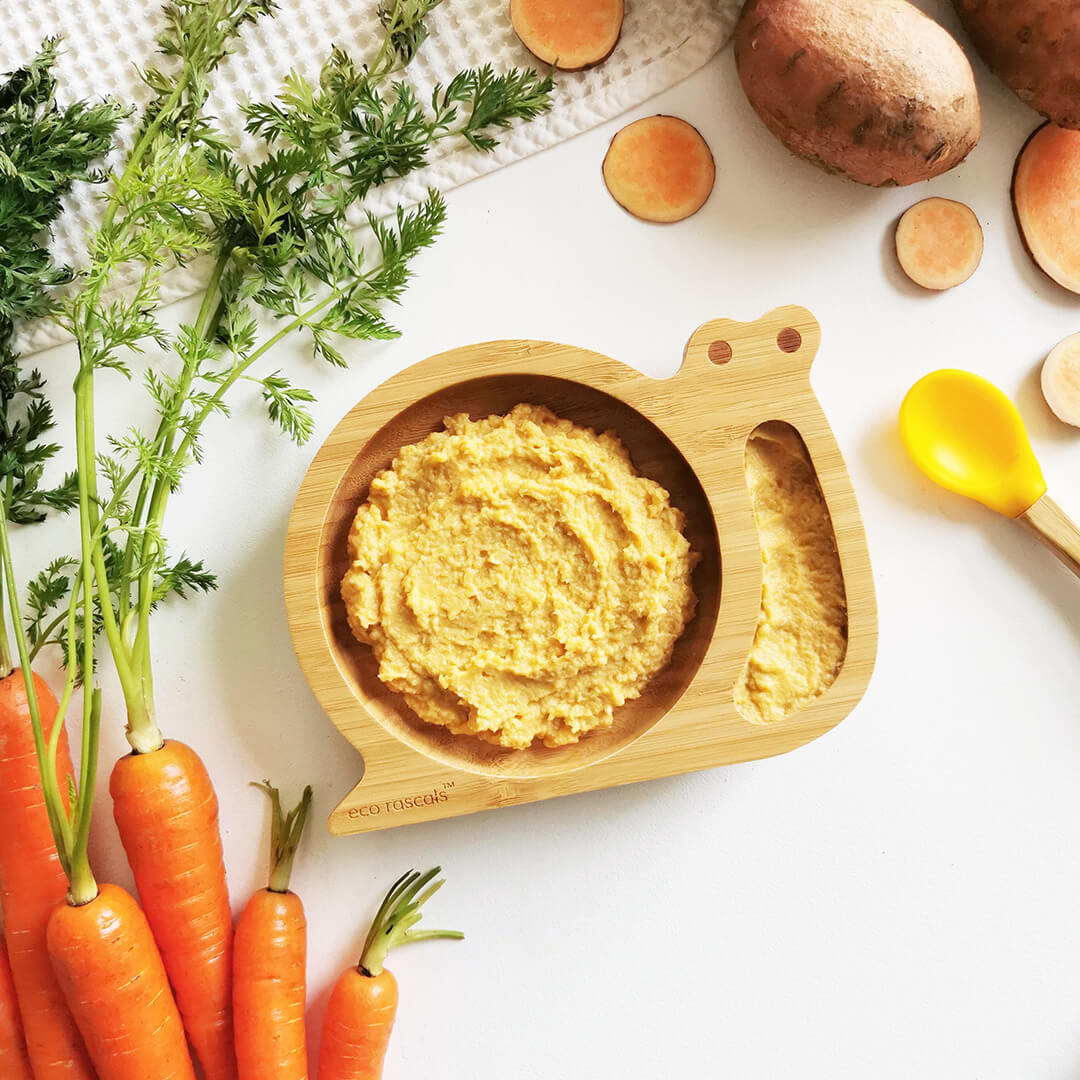A bowl of chicken puree next to some carrots, sweet potato and hers
