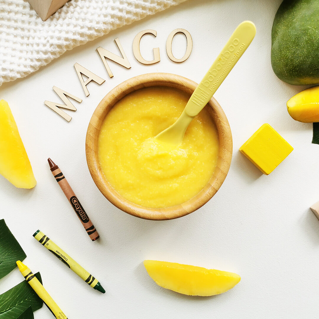 Mango puree in a bowl with some mango slices around it 