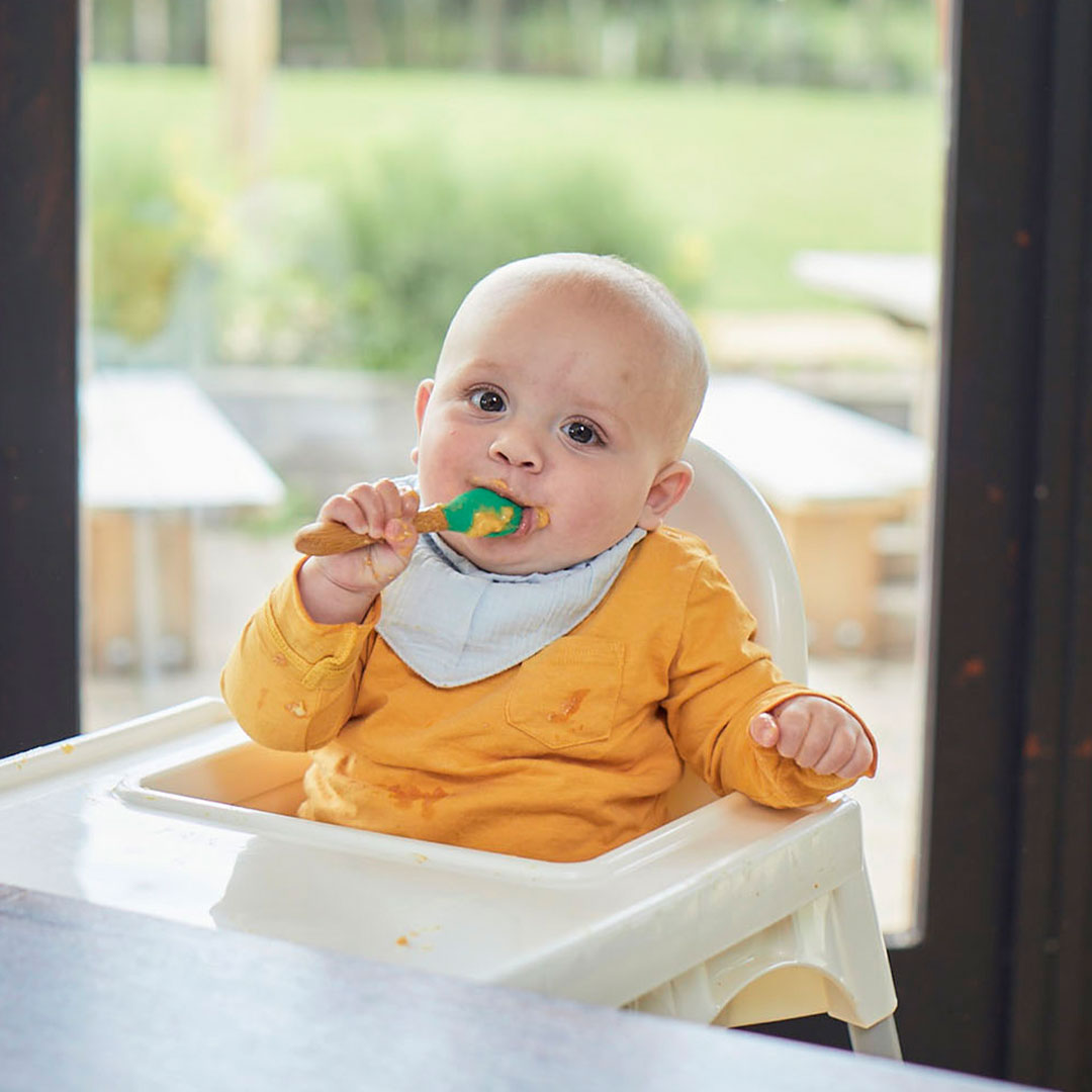 Baby in high chair, eating porridge