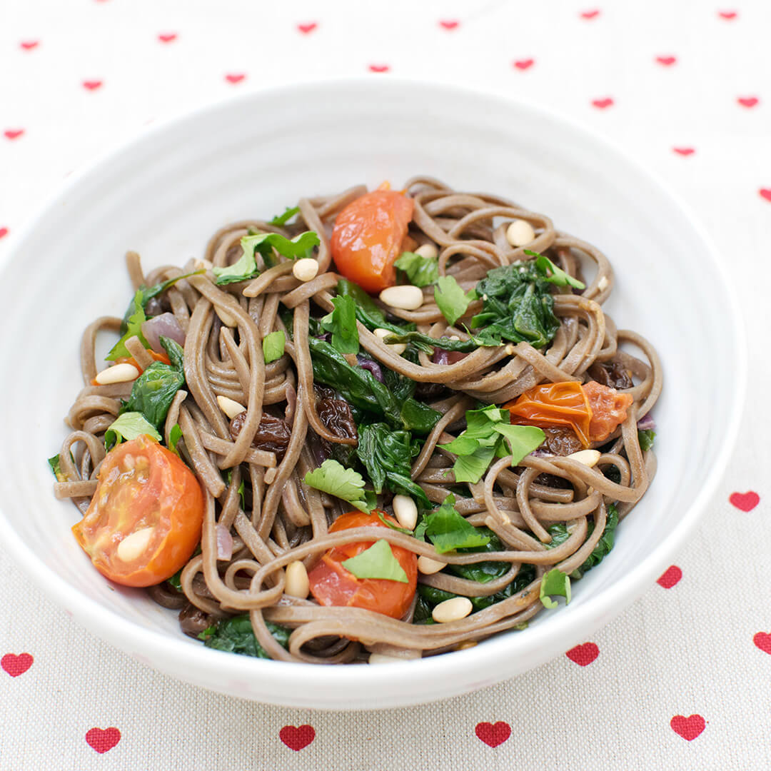 A bowl of Spinach Soba Noodles