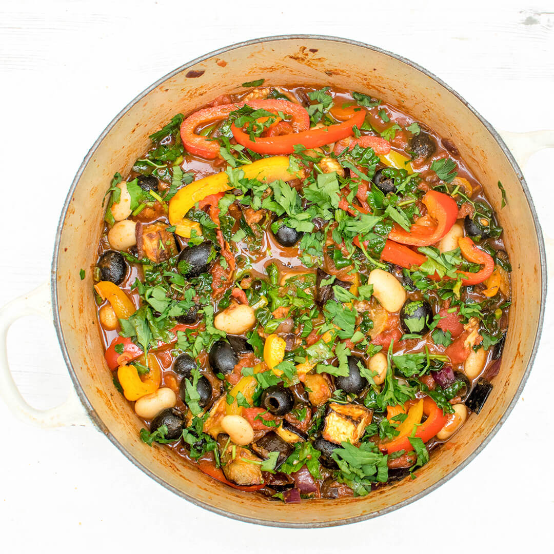 A saucepan of vegetarian bean stew