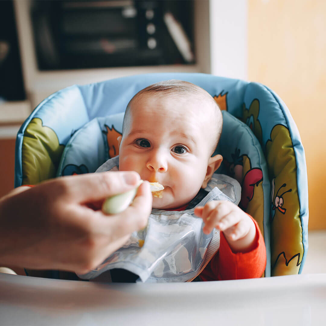 Baby on a highchair being spoon fed