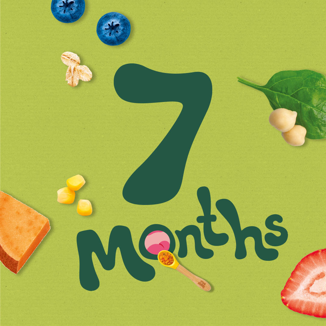 An illustration that says "7 months" with some illustrations of food around it