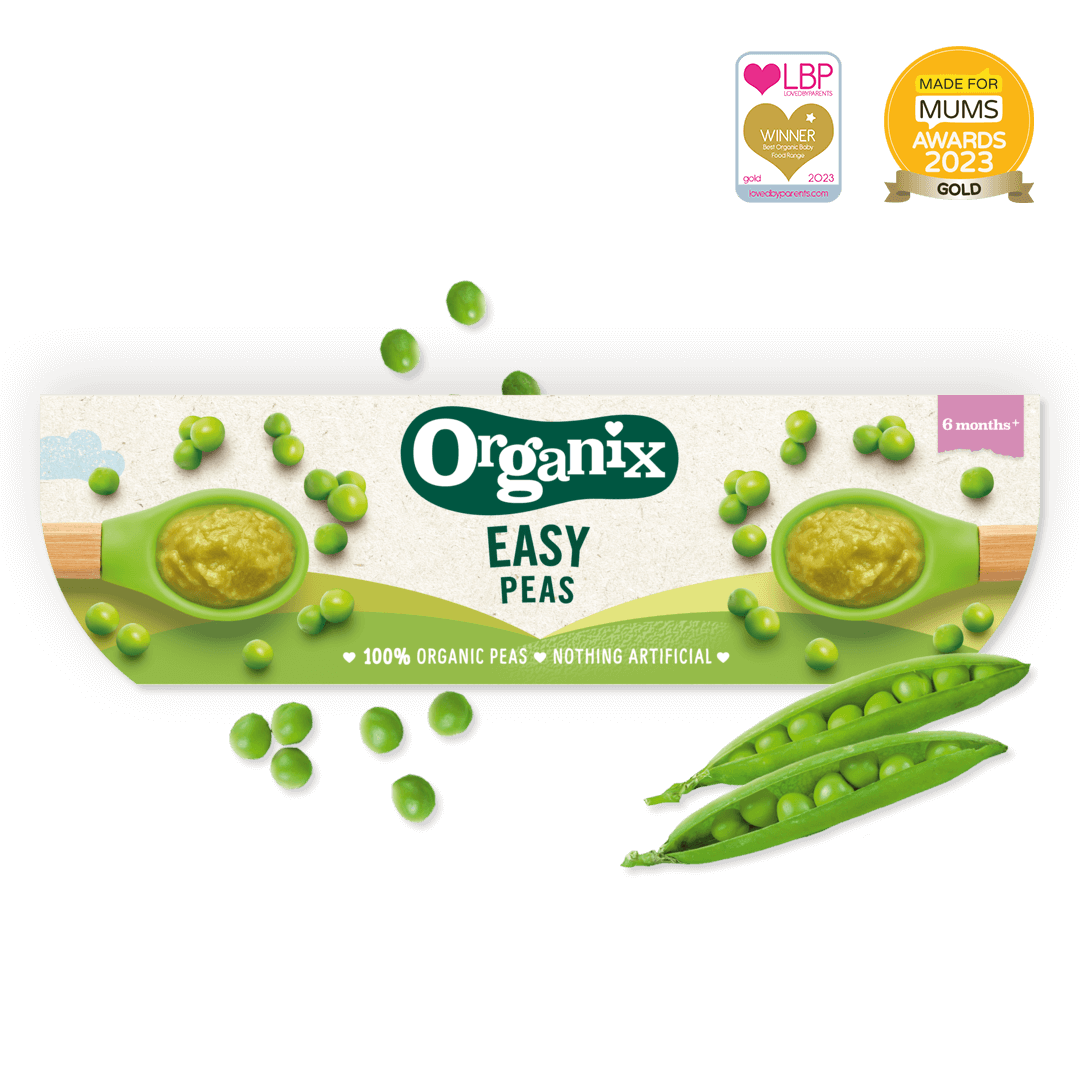 Product image showing the packaging of the Organix easy peas