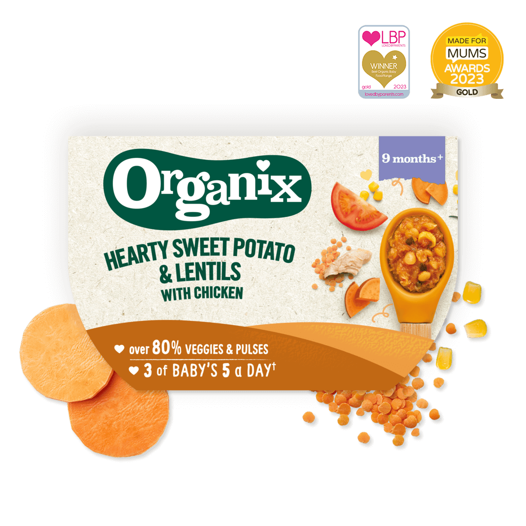 Product image showing the packaging of the Organix hearty sweet potato & lentils with chicken