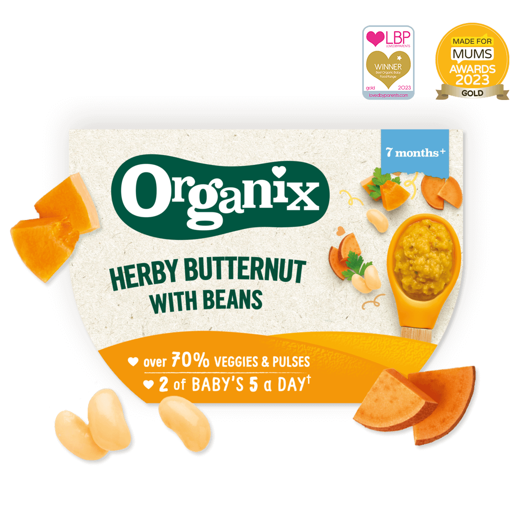 Product image showing the packaging of the Organix herby butternut with beans