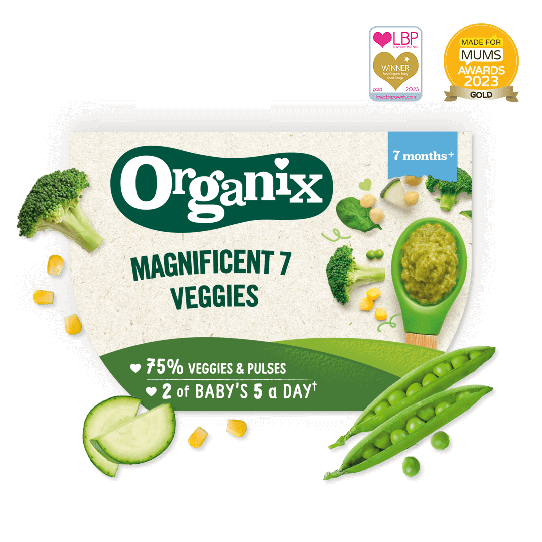Product image showing the packaging of the Organix magnificent 7 veggies