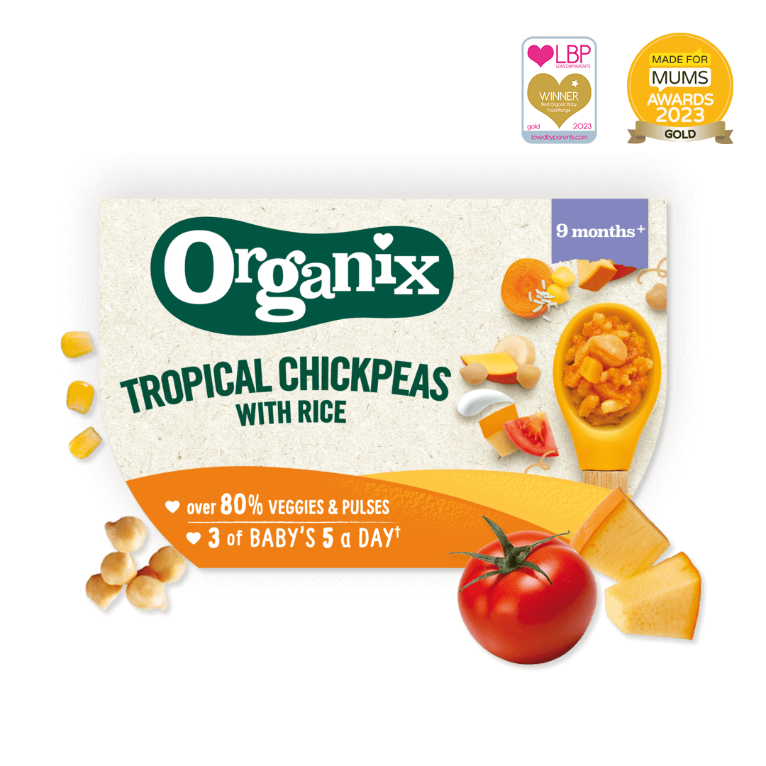Product image showing the packaging of the Organix tropical chickpeas with rice