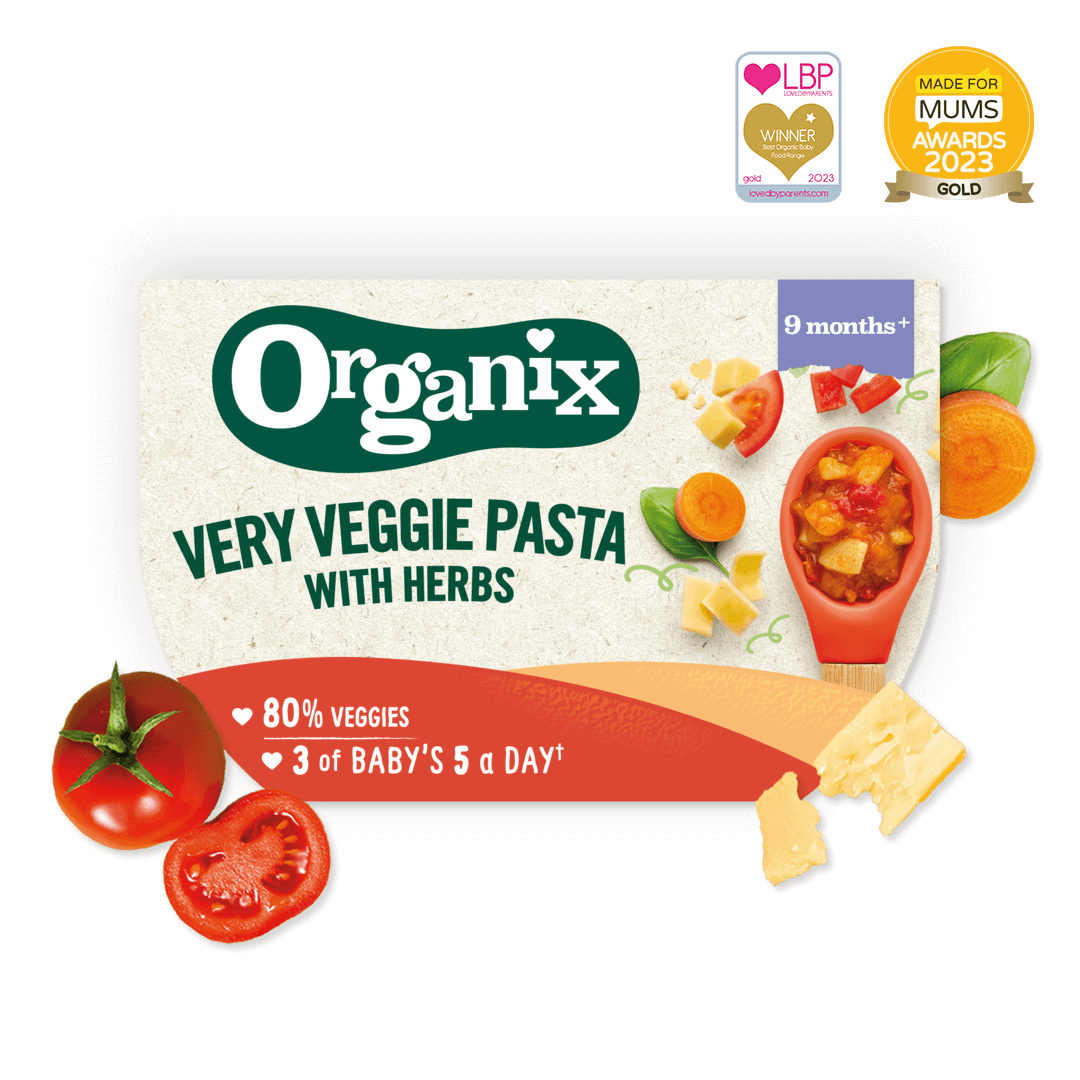 Product image showing the packaging of the Organix very veggie pasta with herbs