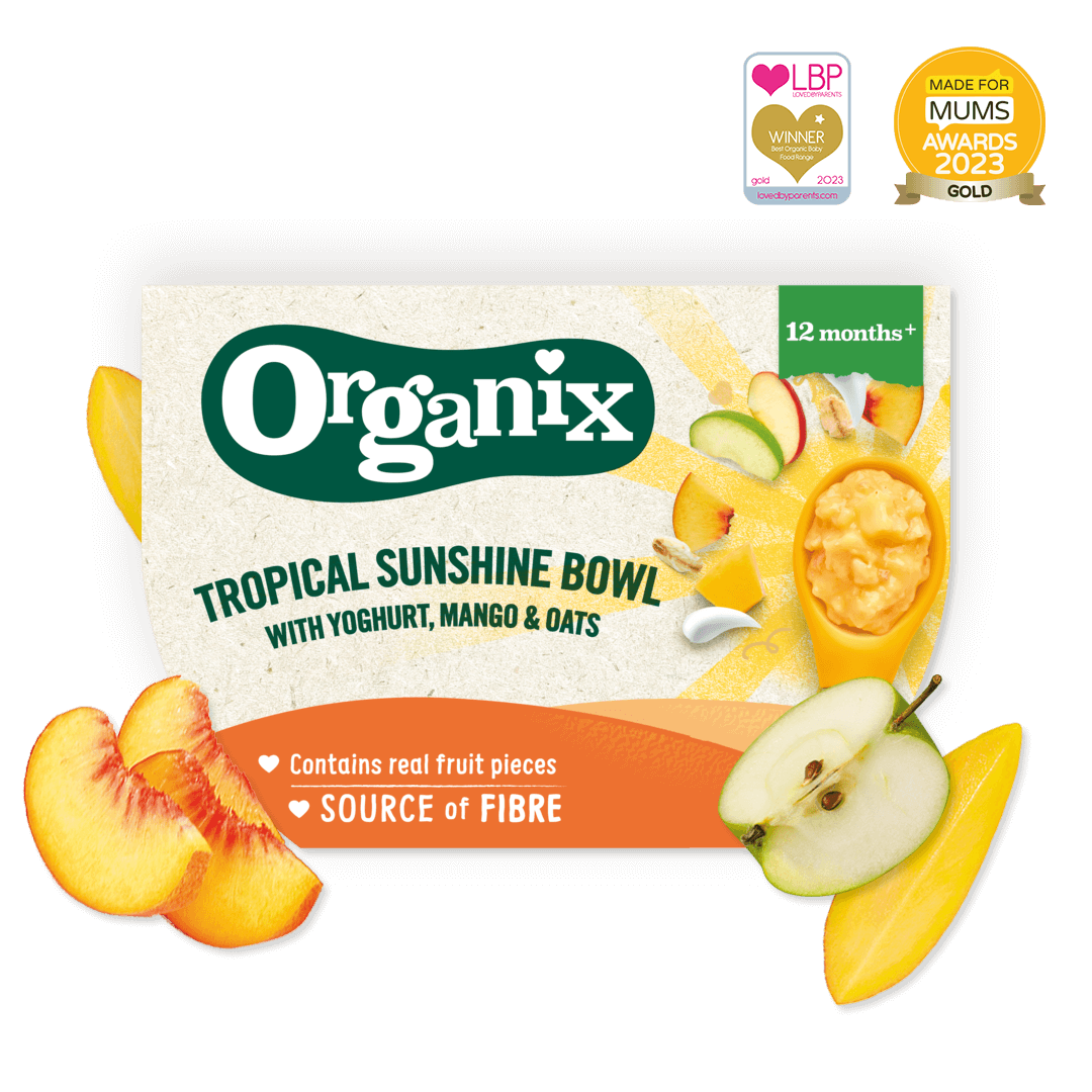 Product image showing the packaging of the Organix tropical sunshine bowl with yoghurt, mango and oats