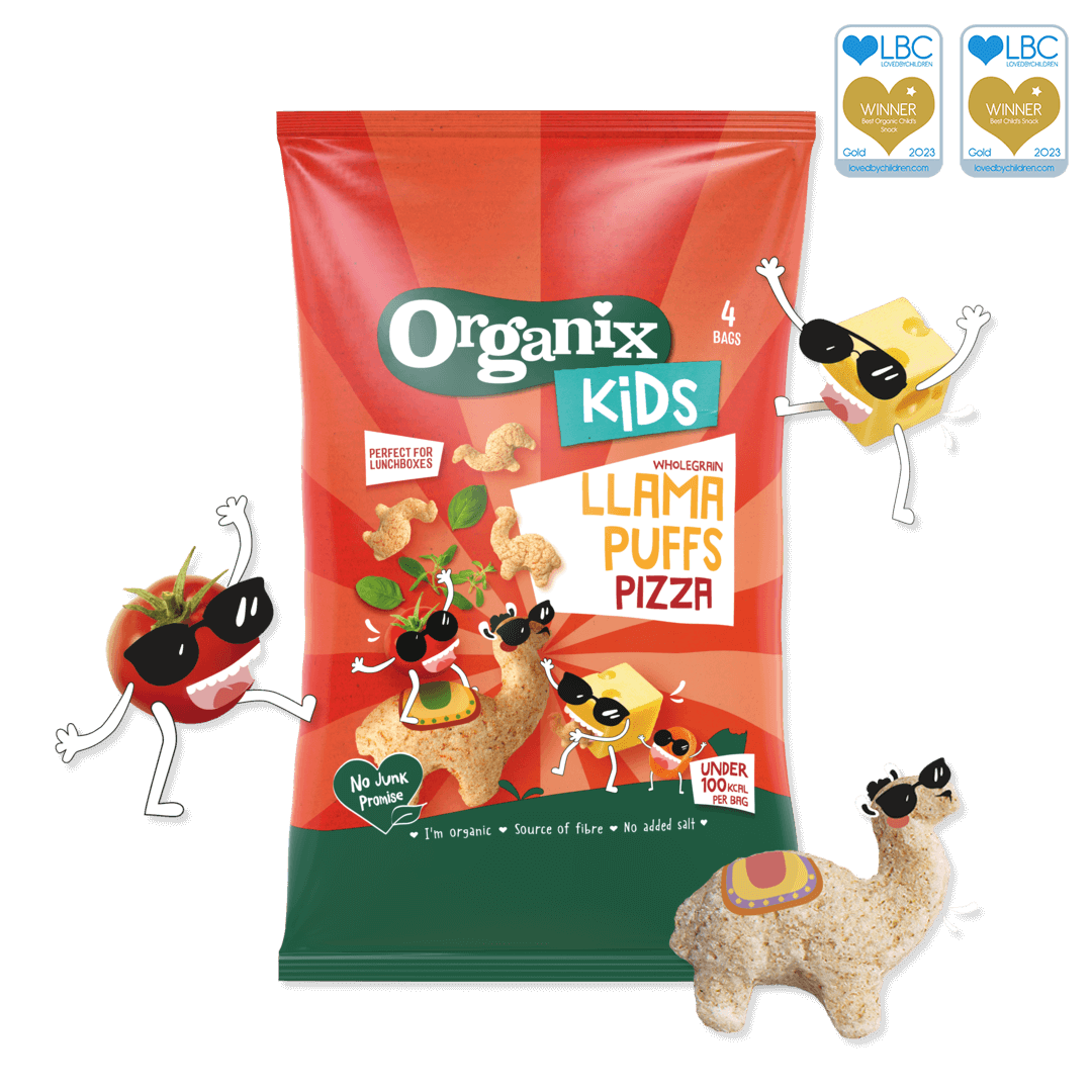 Product image showing the packaging of the Organix pizza flavour llama puffs