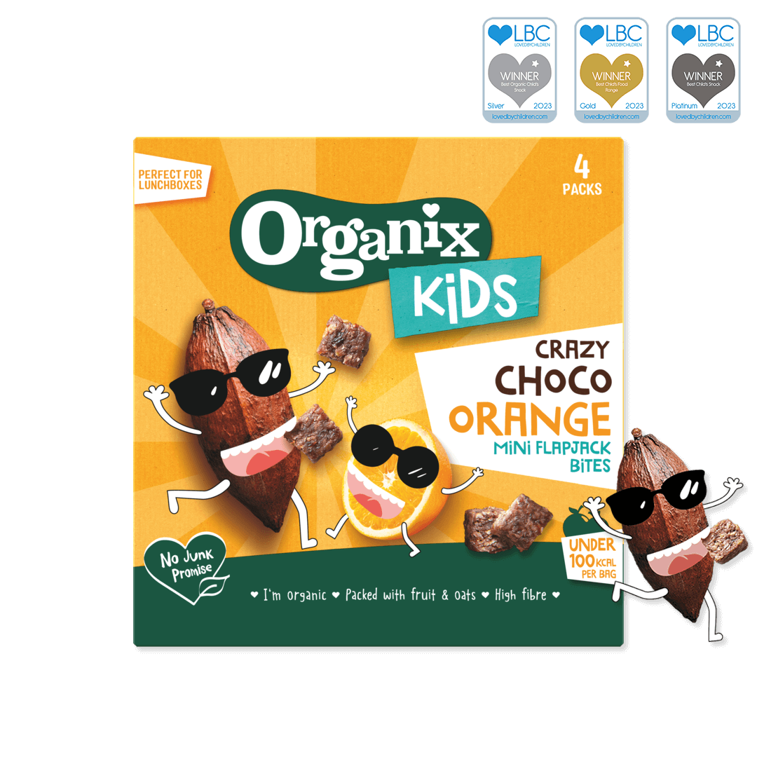 Product image showing the packaging of the Organix crazy choco orange mini flapjack bites
