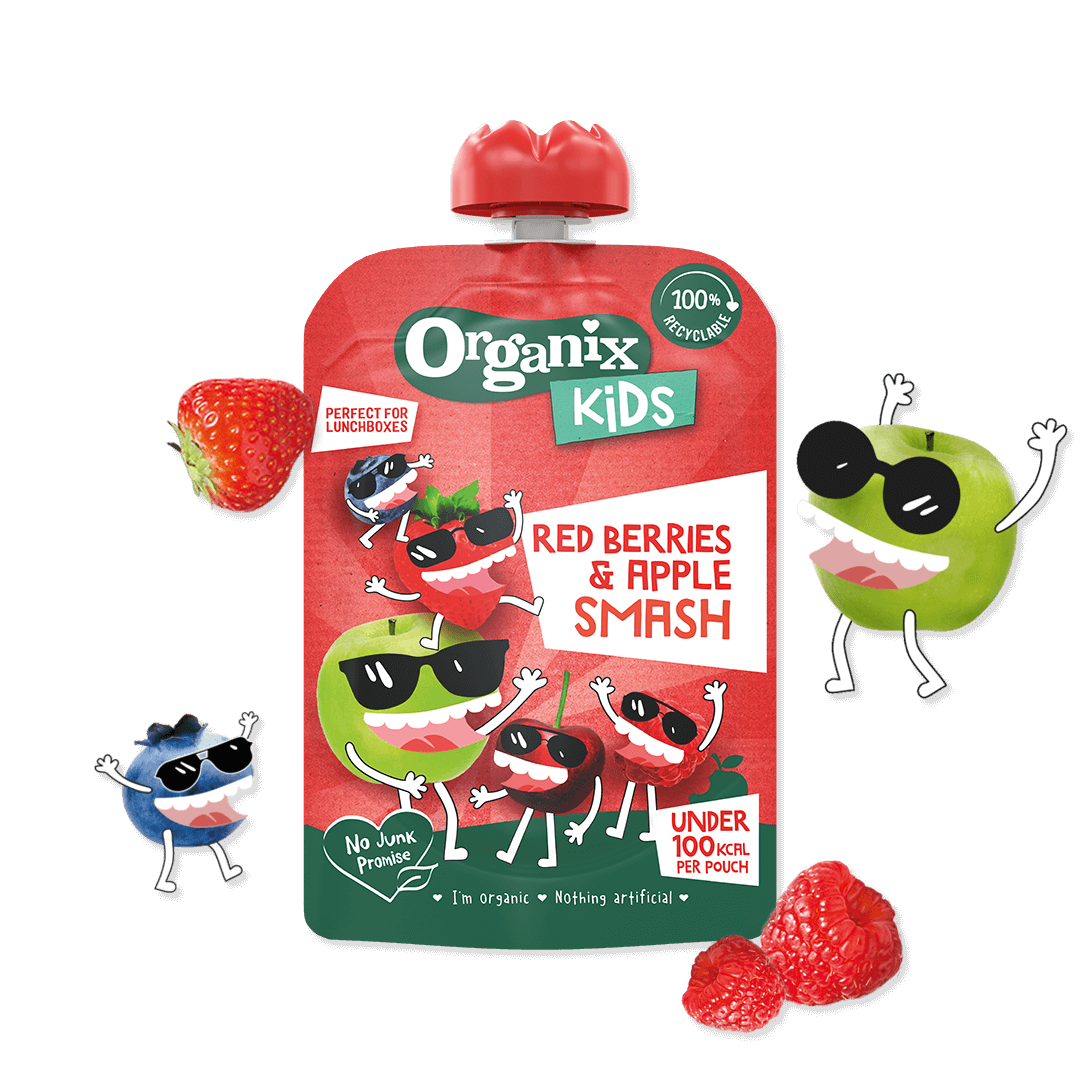 Product image showing the packaging of the Organix red berries & apple smash pouch