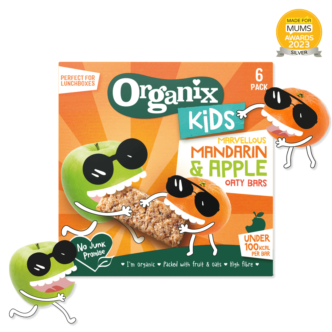 Product image showing the packaging of the Organix marvellous mandarin & apple oaty bars
