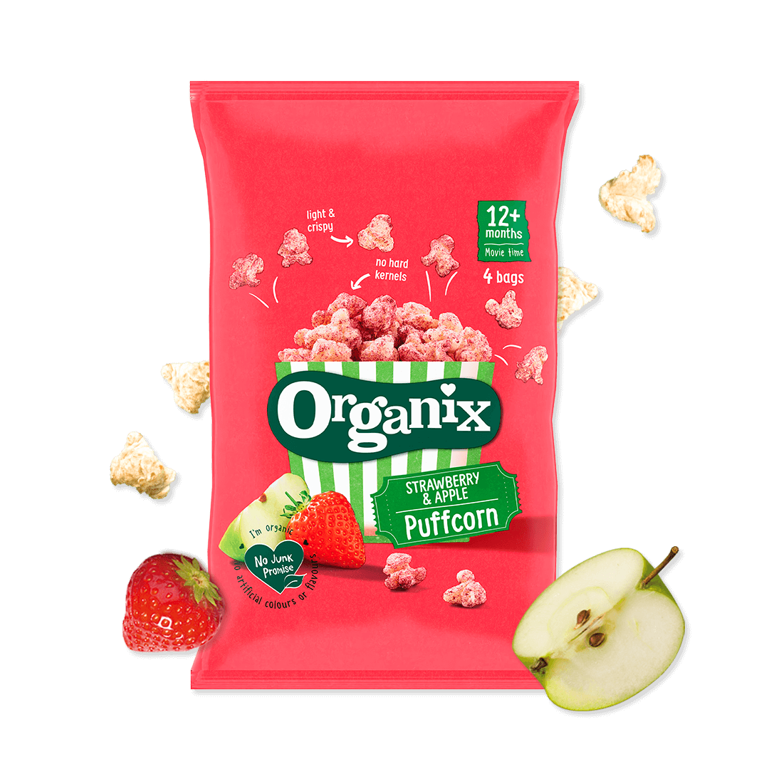 A pack of Organix Puffcorn in Strawberry & Apple flavour