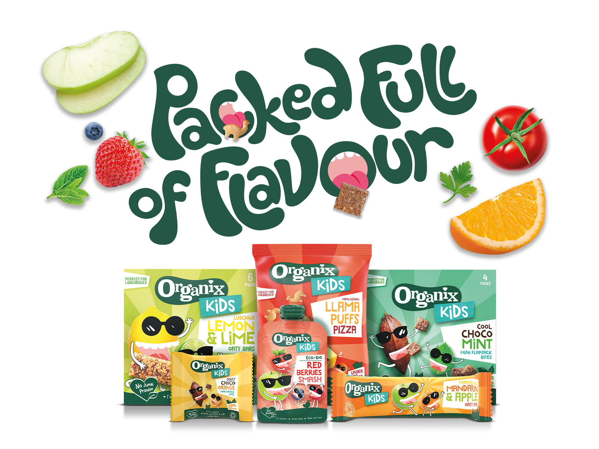 Organix Kids Snacks in a group shot surrounded by fruit, vegetables and snack bites
