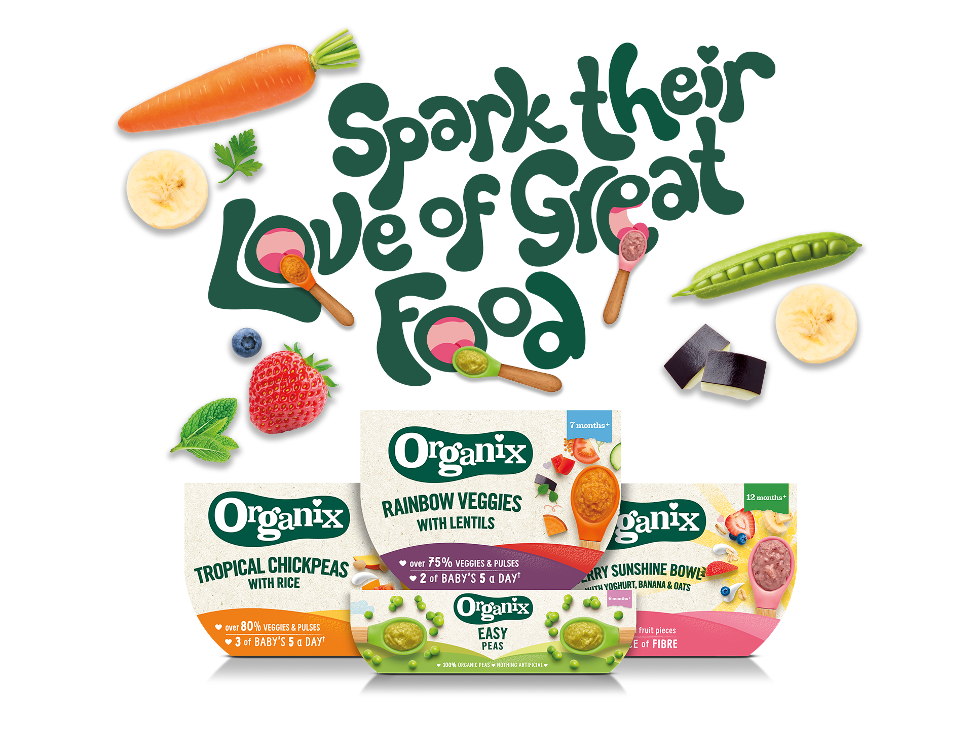 Organix Baby and Toddler Meals, vegetables and fruits scattered around the wording spark their love of great food