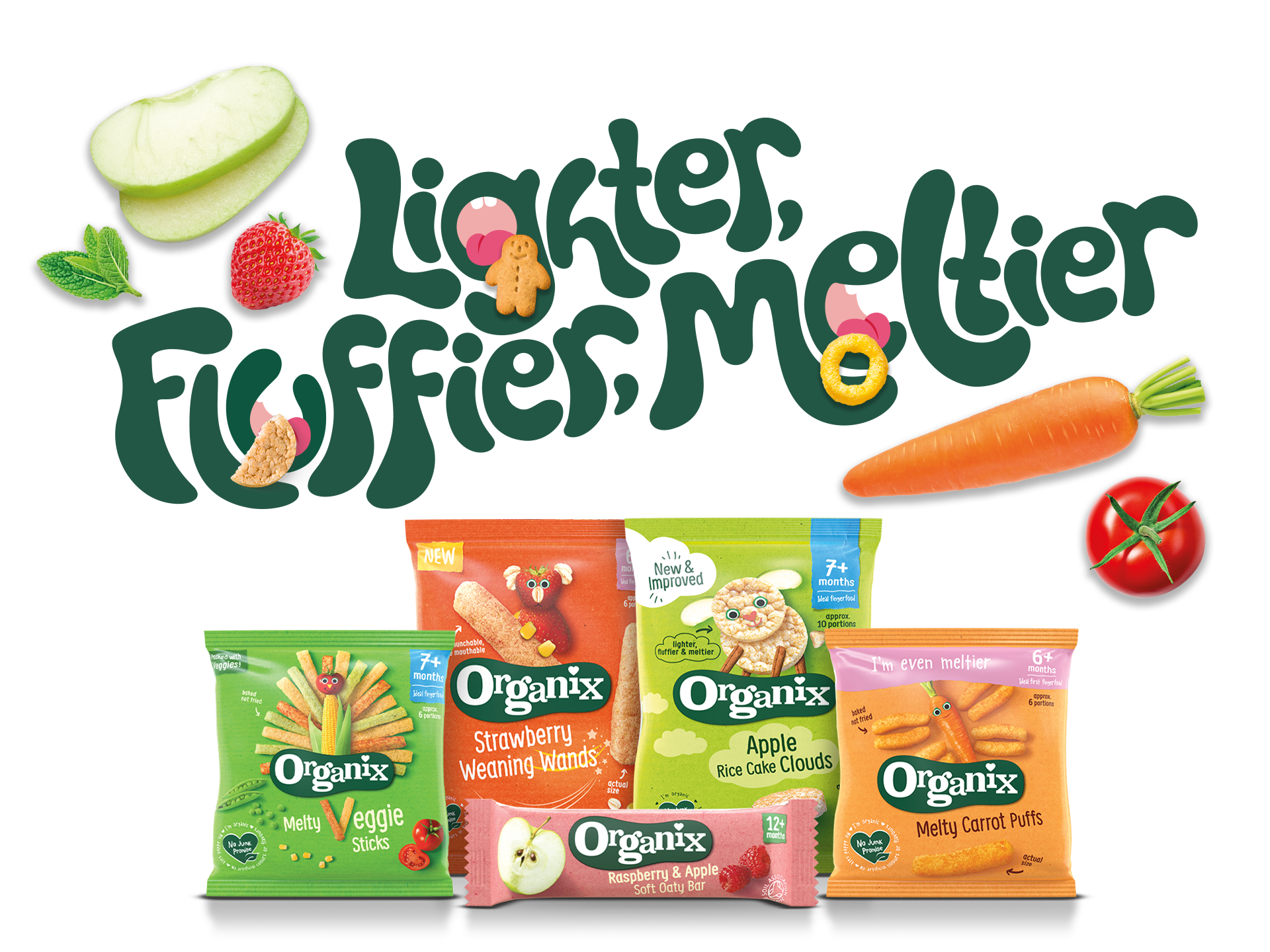 Organix snacks packs in a group surrounded by vegetables and fruit