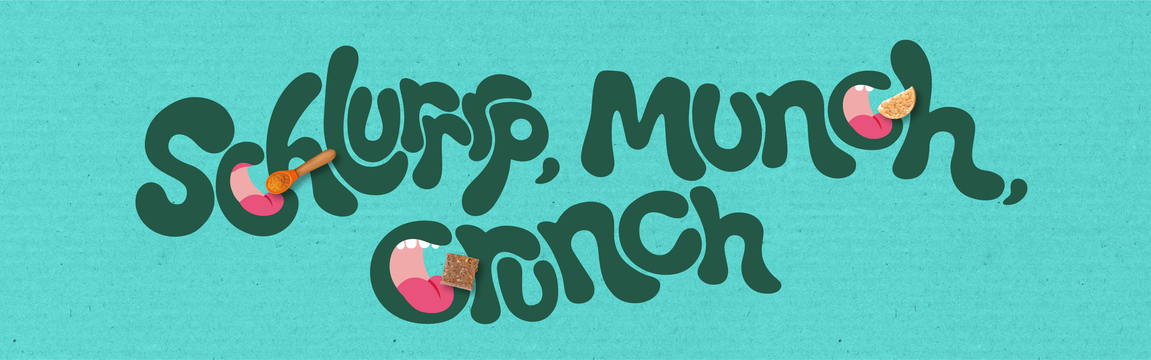 Organix green text that says "schlurrrp, munch, crunch" on a blue background