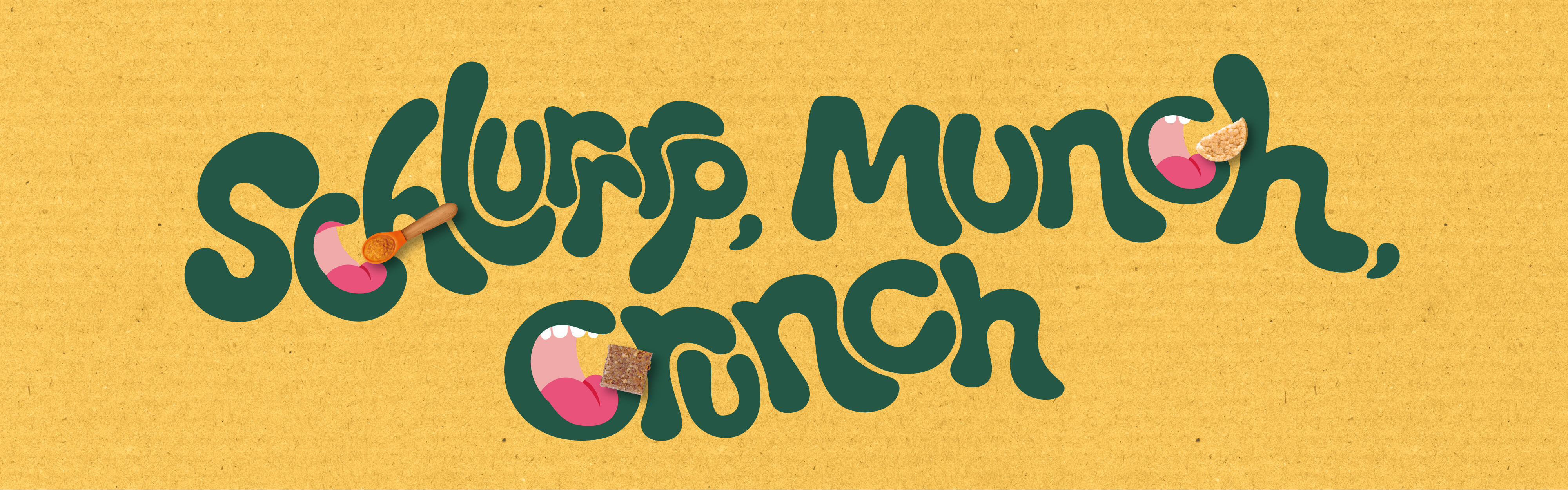 Organix green text that says "schlurrrp, munch, crunch" on an orange background