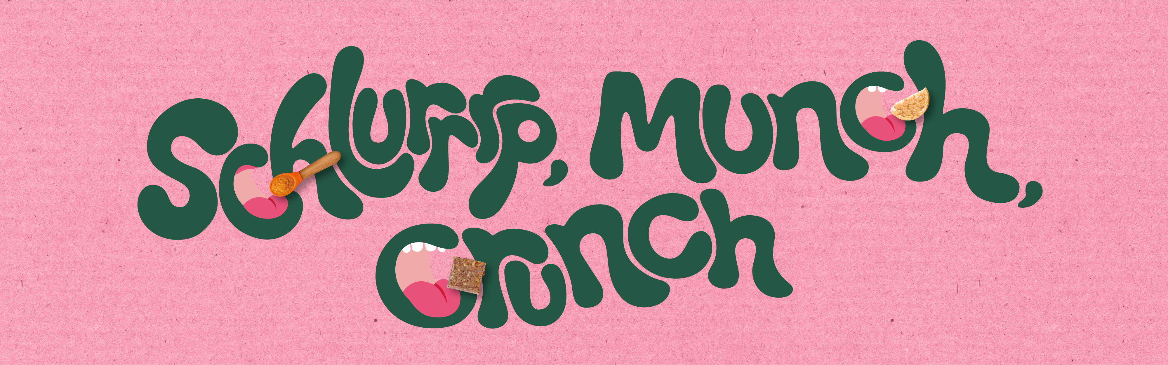 Organix green text that says "schlurrrp, munch, crunch" on a pink background