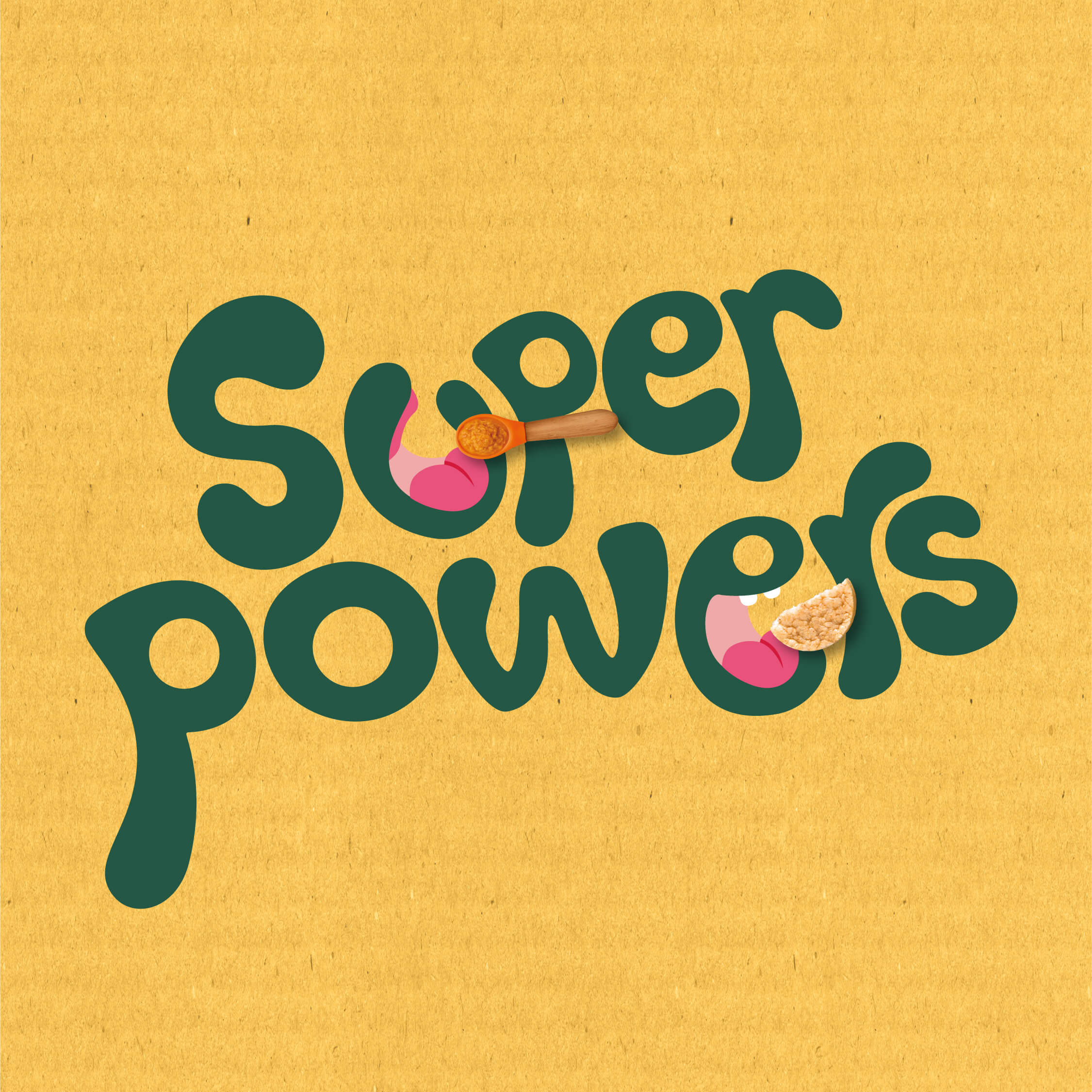 Organix green text that says "super powers" on an orange background
