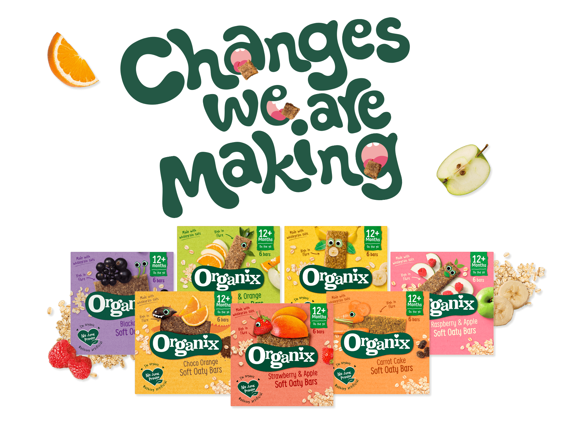 Organix range of soft oaty bars with the words changes we are making and ingredients around the range. Apple, orange, raspberries, bananas and oats. 
