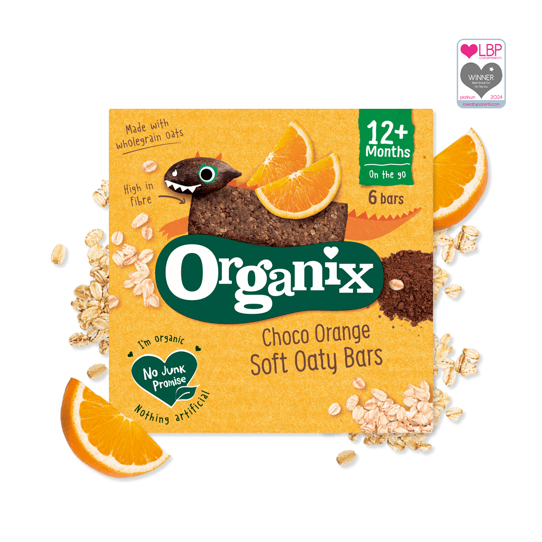 Pack shot of Organix Choco Orange Soft Oaty Bars with orange slices and some oats scattered around and the LBP Awards logo