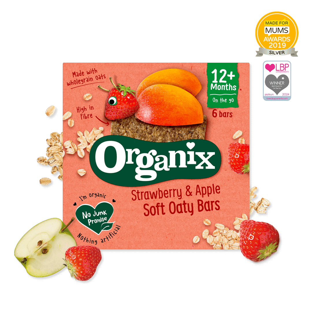 Pack shot of Organix Strawberry Soft Oaty Bars with fruit slices and some oats scattered around and Award logos