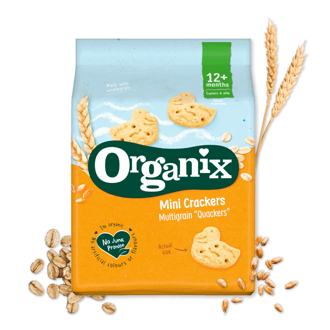 Organix Mini Crackers Multi Grain Quackers pack, with dried what, oats and barley around