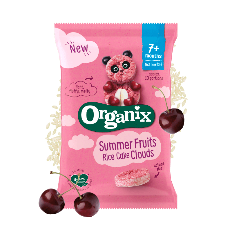 Pack shot of Organix Summer Fruits Rice Cake Clouds with cherries grains of rice around