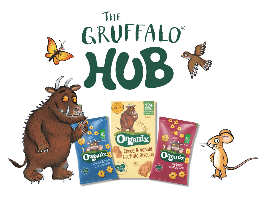 The Gruffalo and the mouse with pack shots of Organix Gruffalo snacks