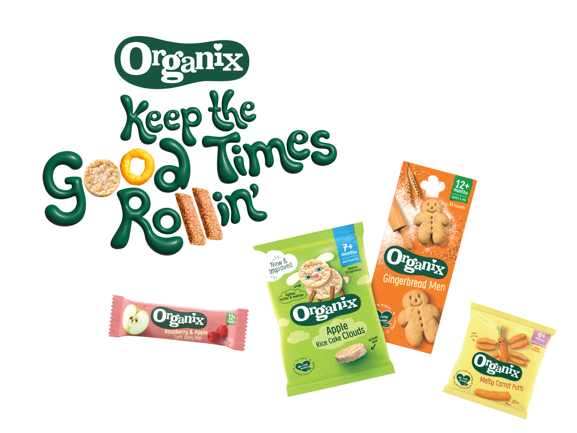 Organix snacks floating around the tag line and logo