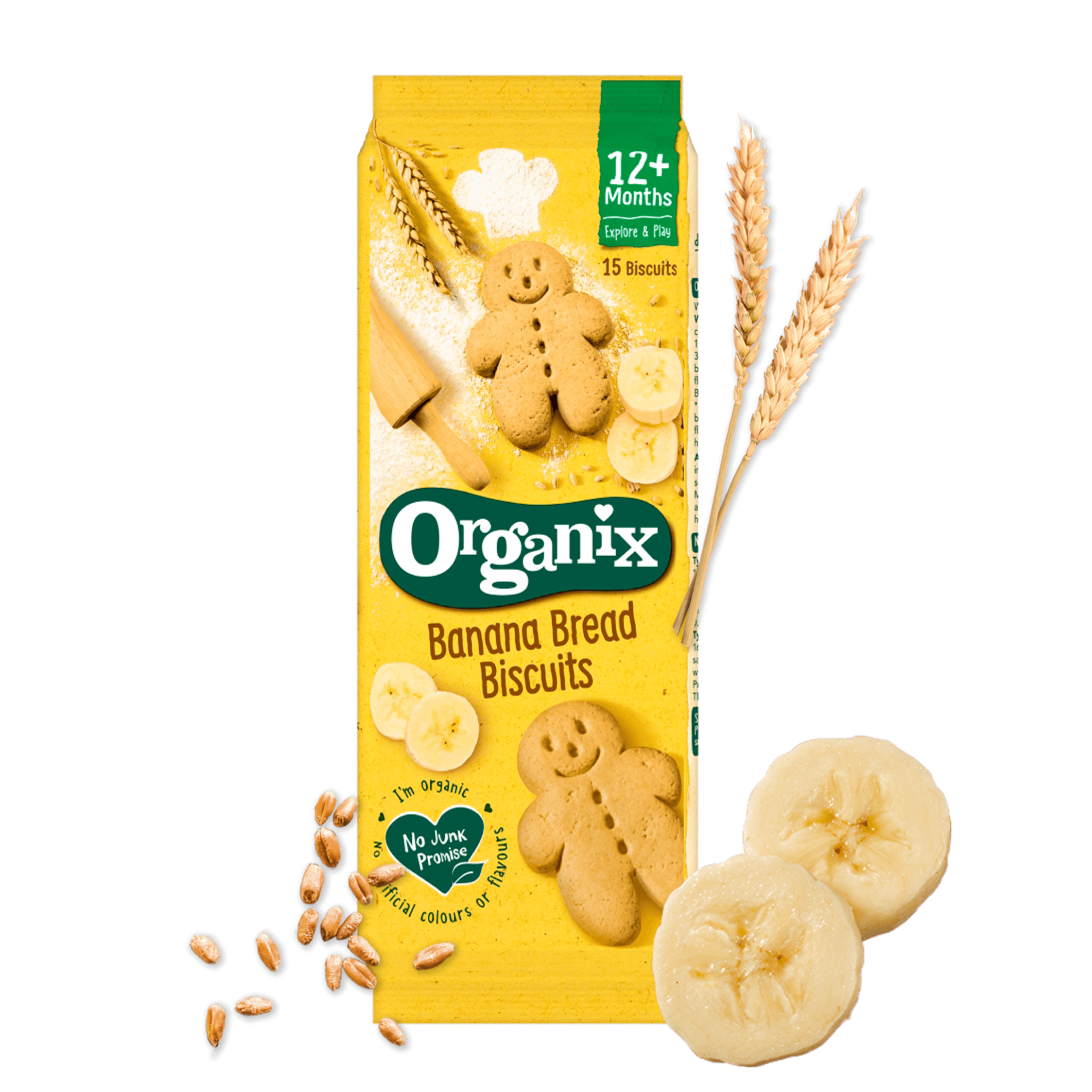 Box Organix Banana Bread Biscuits and ingredients around, including oats, wheat and banana