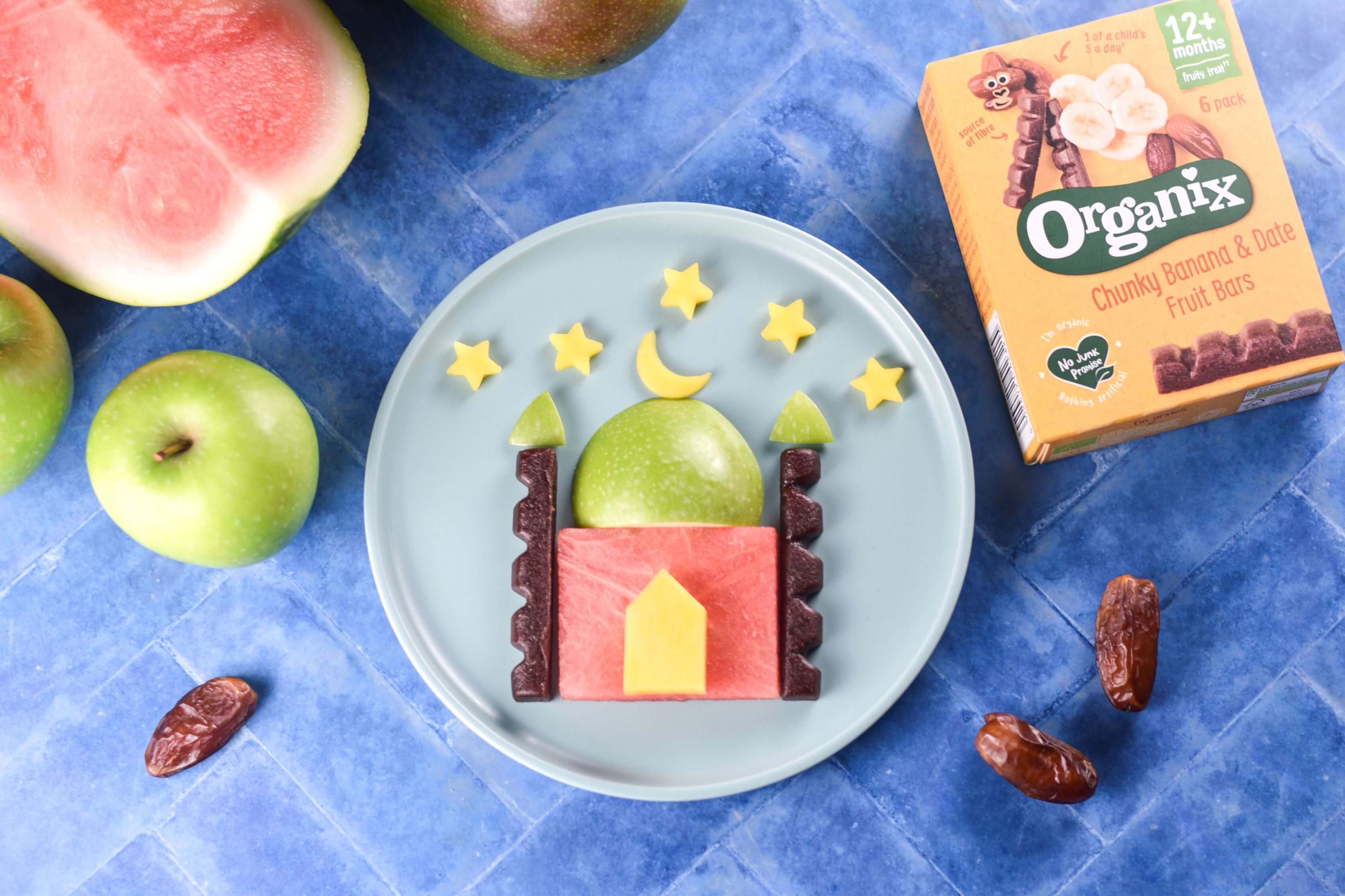 A Ramadan fun plate recipe with fruit and Organix date bars for kids 