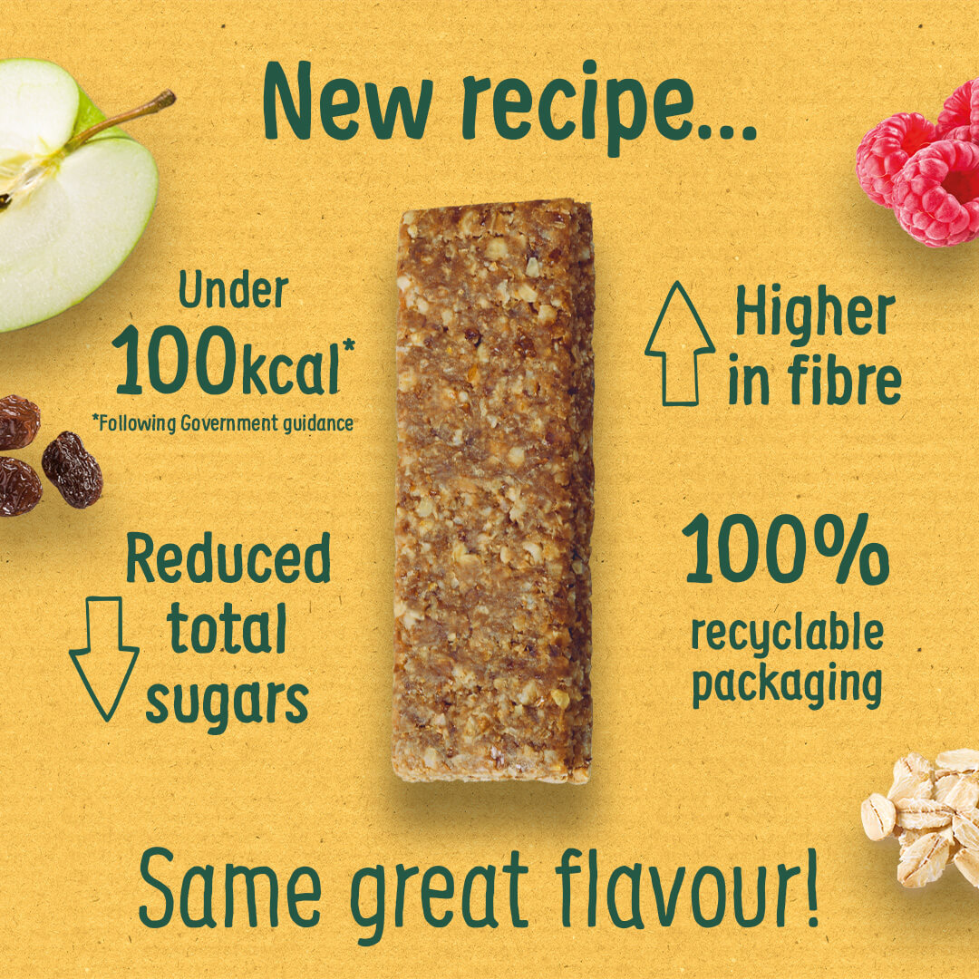 Organix soft oaty bar out of packaging with new recipe benefits in labels around the bar