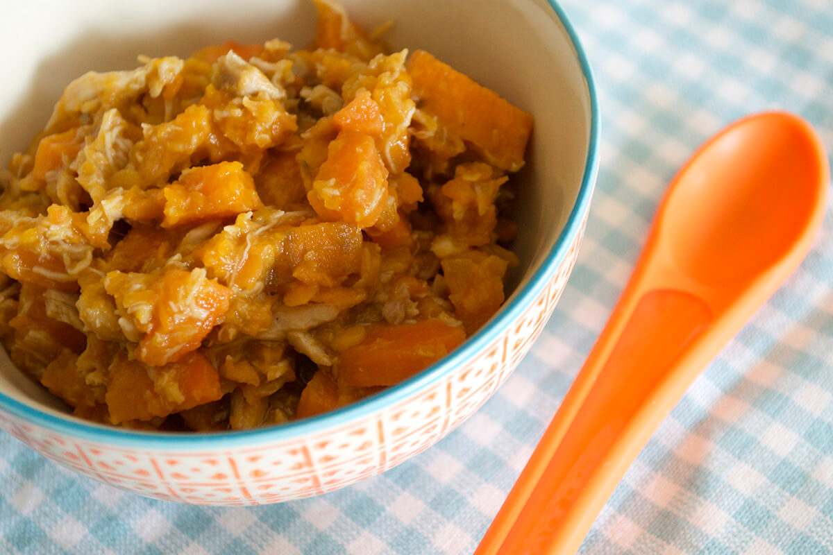 Baby chicken and lentils with carrot and sweet potato in a bowl