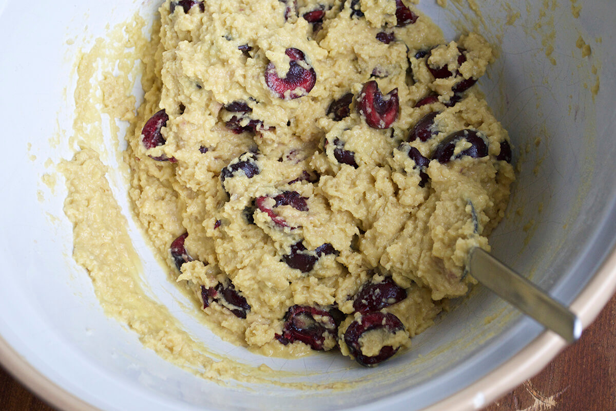 A bowl of cherry almond loaf dough