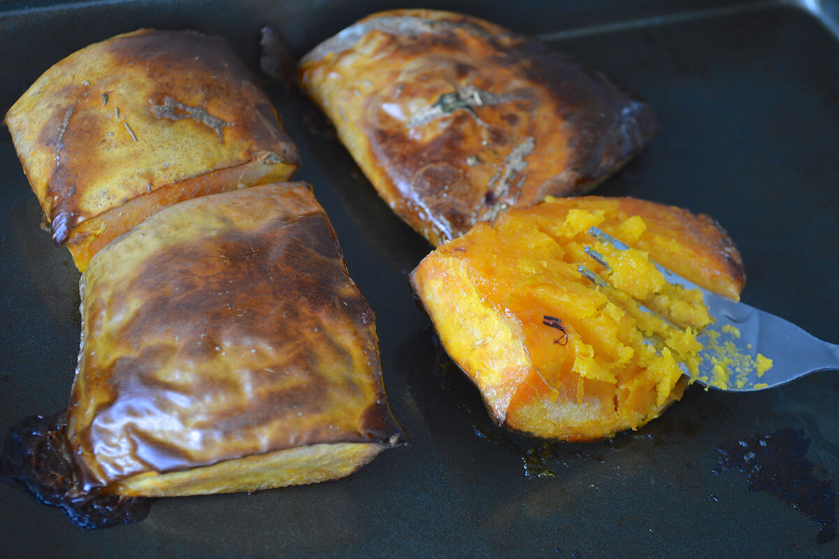 Roasted butternut squash on an oven tray