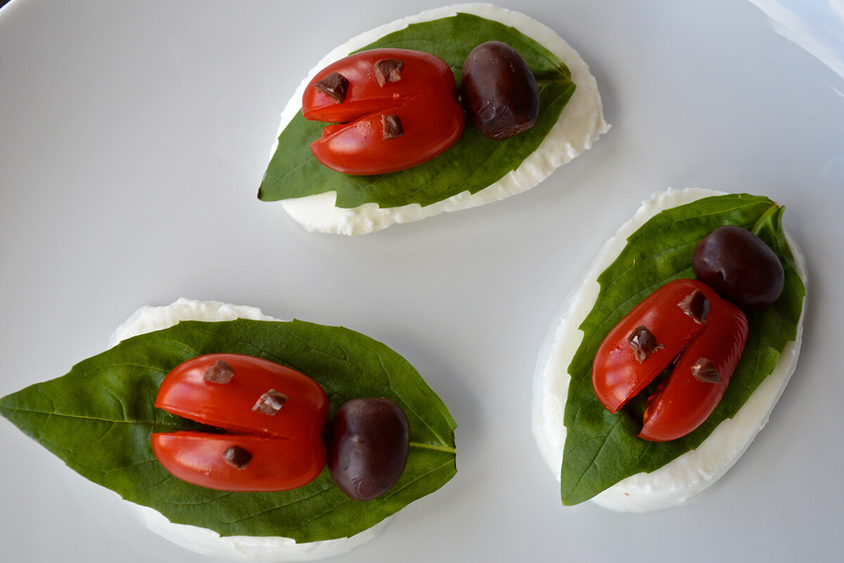 Mozzarella slices topped with basil leaves and tomatoes cut to look like ladybird wings with olive heads and olive spots