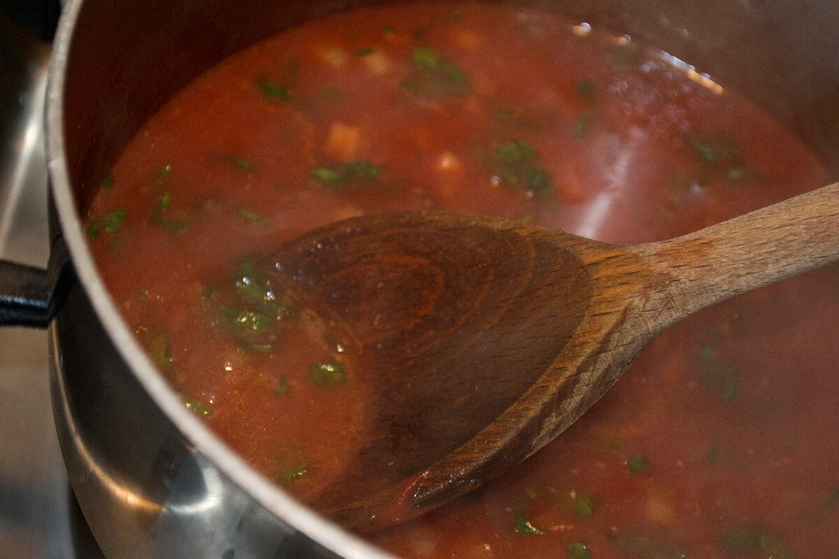 Meatball sauce in a saucepan
