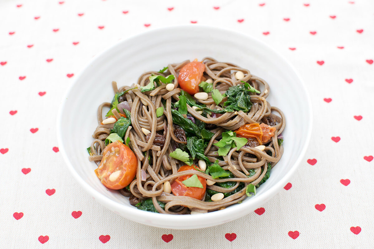 A bowl of Spinach Soba Noodles