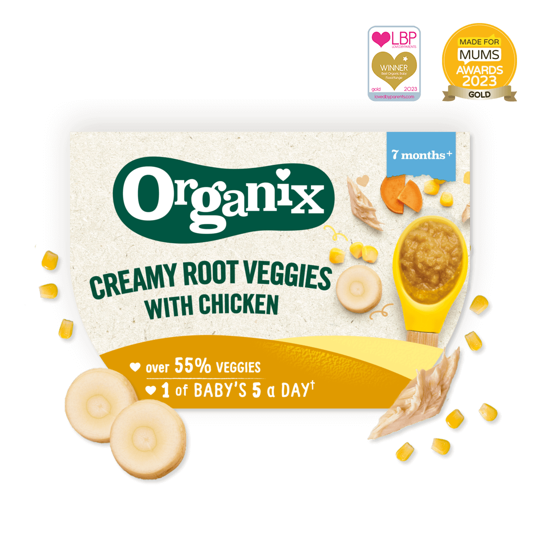 Product image showing the packaging of the Organix creamy root veggies with chicken