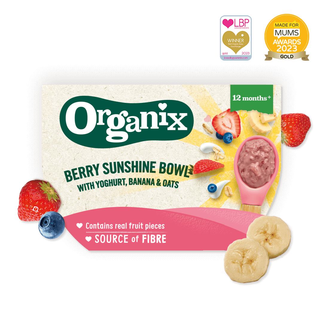 Product image showing the packaging of the Organix berry sunshine bowl with yoghurt, banana and oats