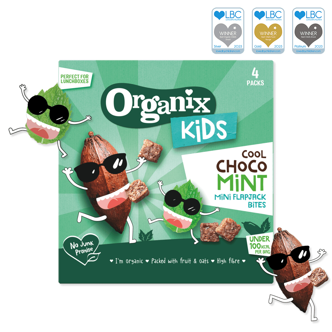 Product image showing the packaging of the Organix cool choco mint mini flapjack bites