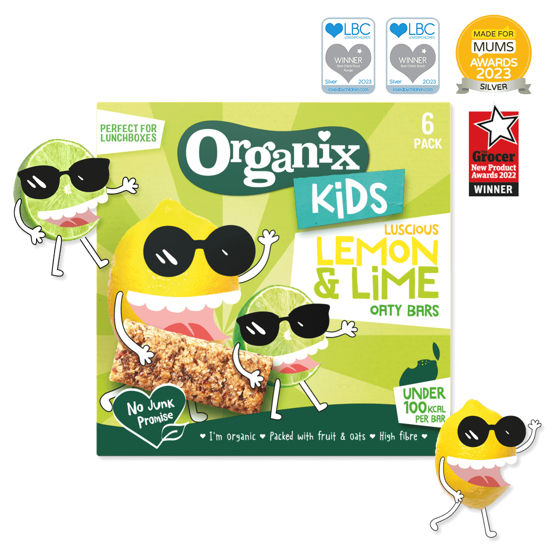 Product image showing the packaging of the Organix luscious lemon & lime oaty bars